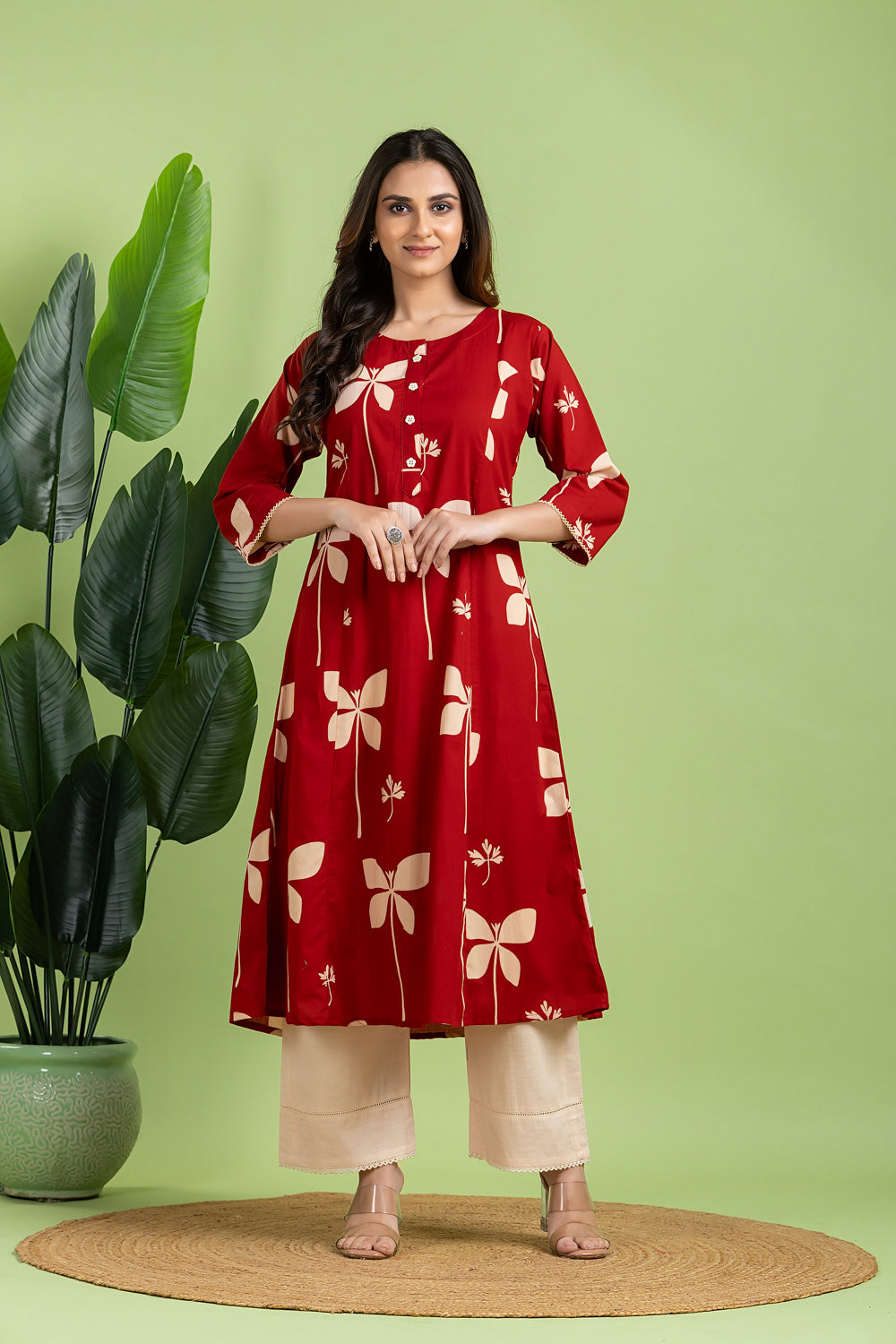 Maroon Floral A-Line Kurta