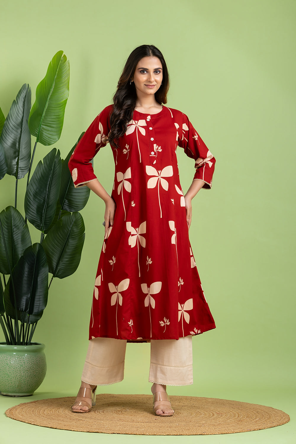 Maroon Floral A-Line Kurta