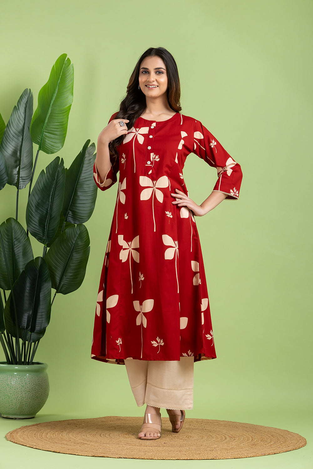 Maroon Floral A-Line Kurta