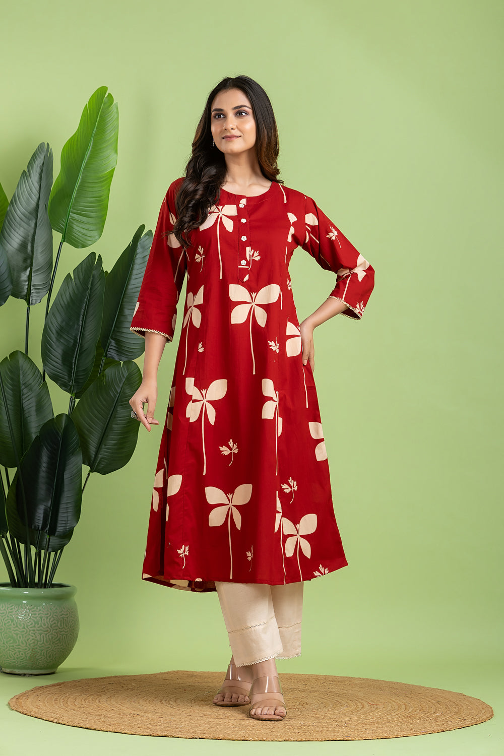 Maroon Floral A-Line Kurta