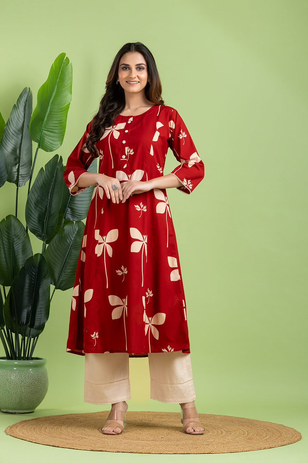 Maroon Floral A-Line Kurta