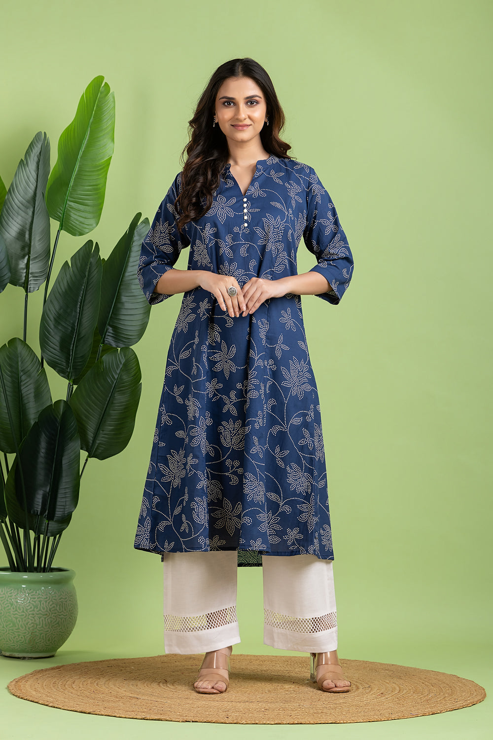 French Blue Floral Print A-Line Kurta