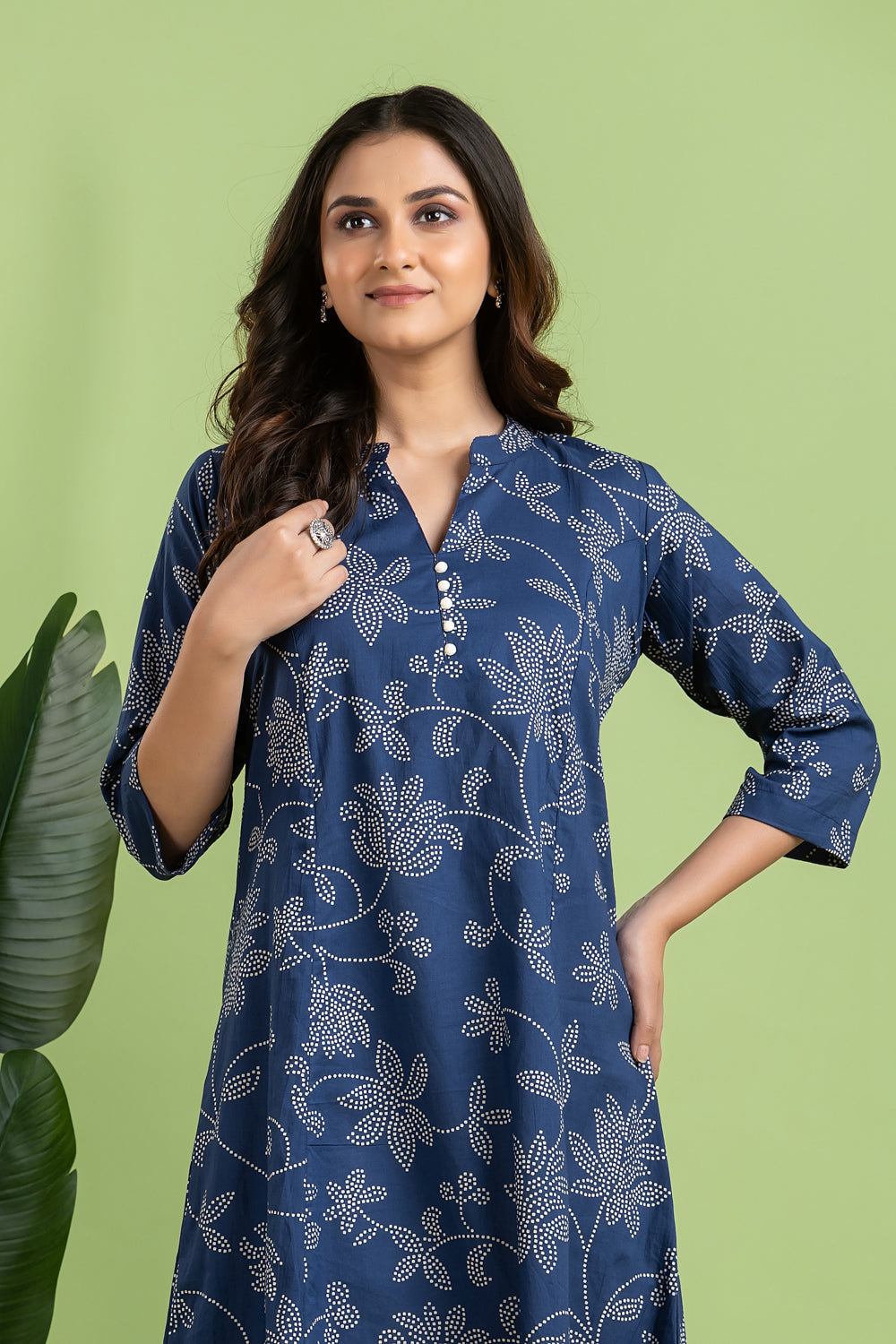 French Blue Floral Print A-Line Kurta