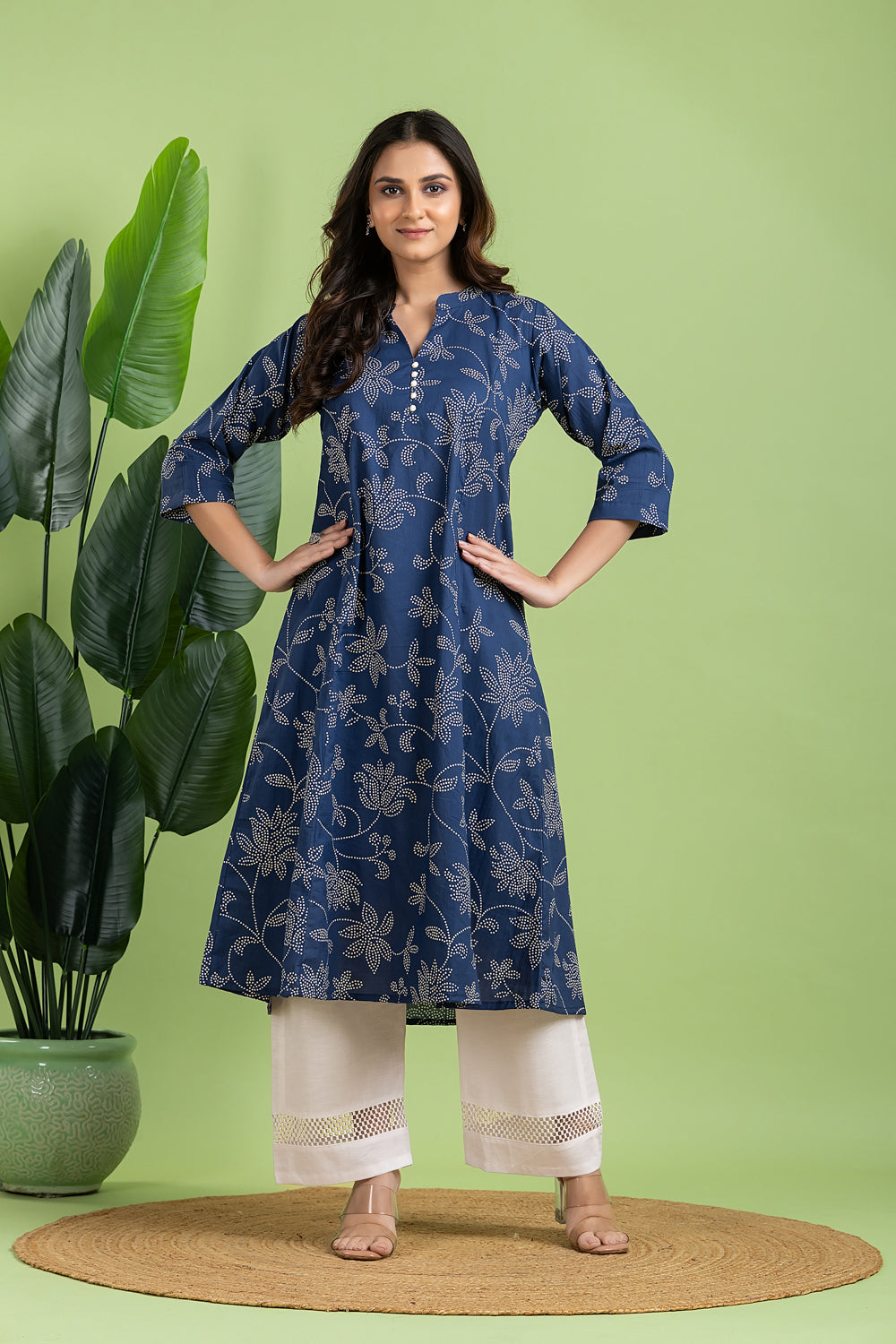 French Blue Floral Print A-Line Kurta