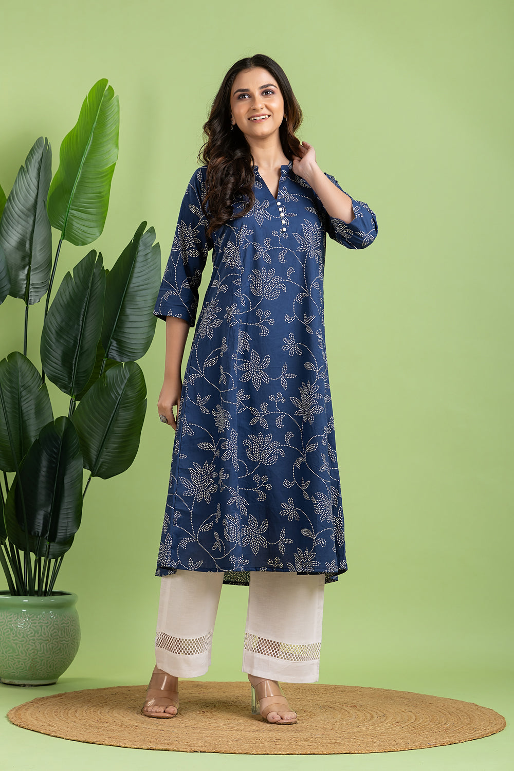 French Blue Floral Print A-Line Kurta