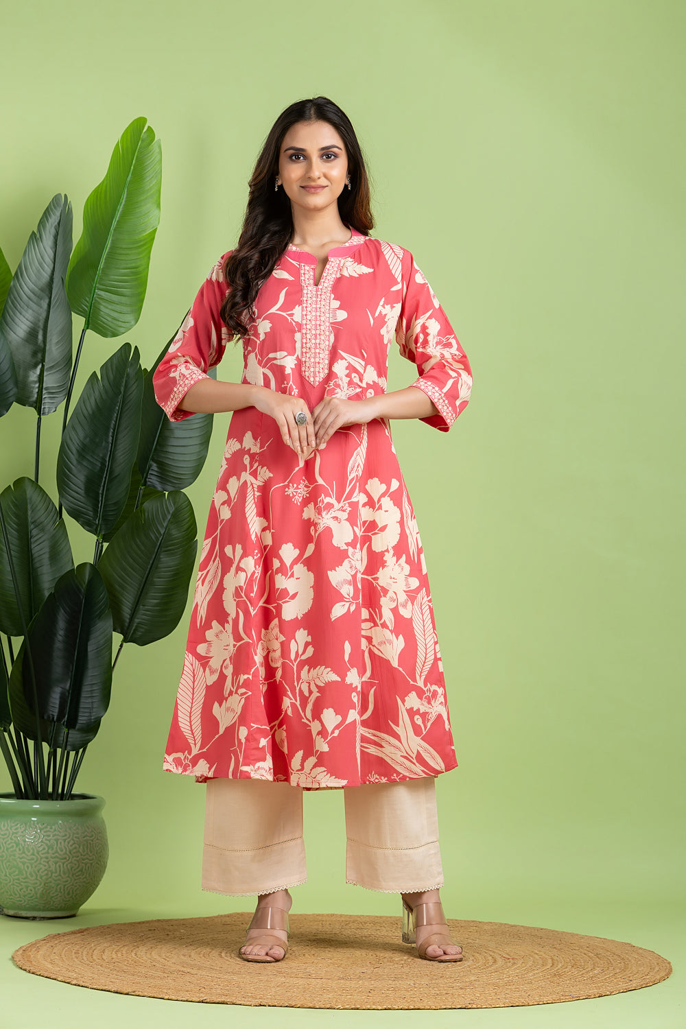 Pink Floral Print A-Line Kurta