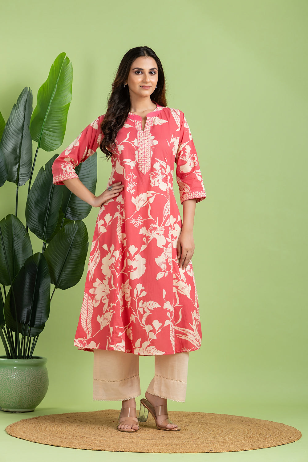 Pink Floral Print A-Line Kurta
