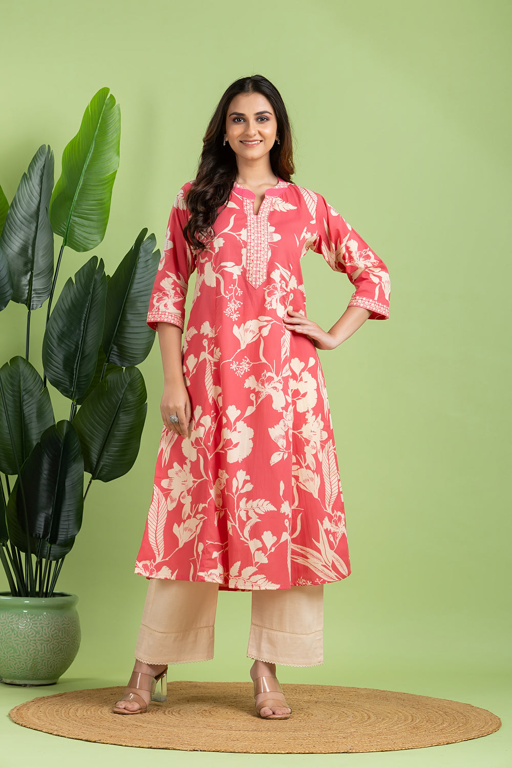 Pink Floral Print A-Line Kurta