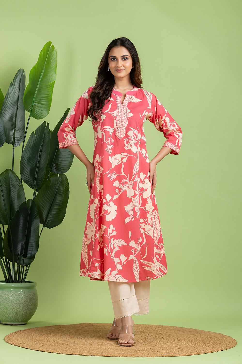 Pink Floral Print A-Line Kurta