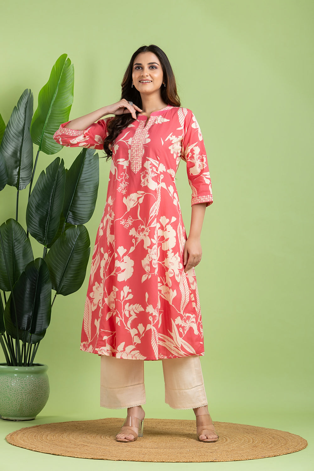 Pink Floral Print A-Line Kurta