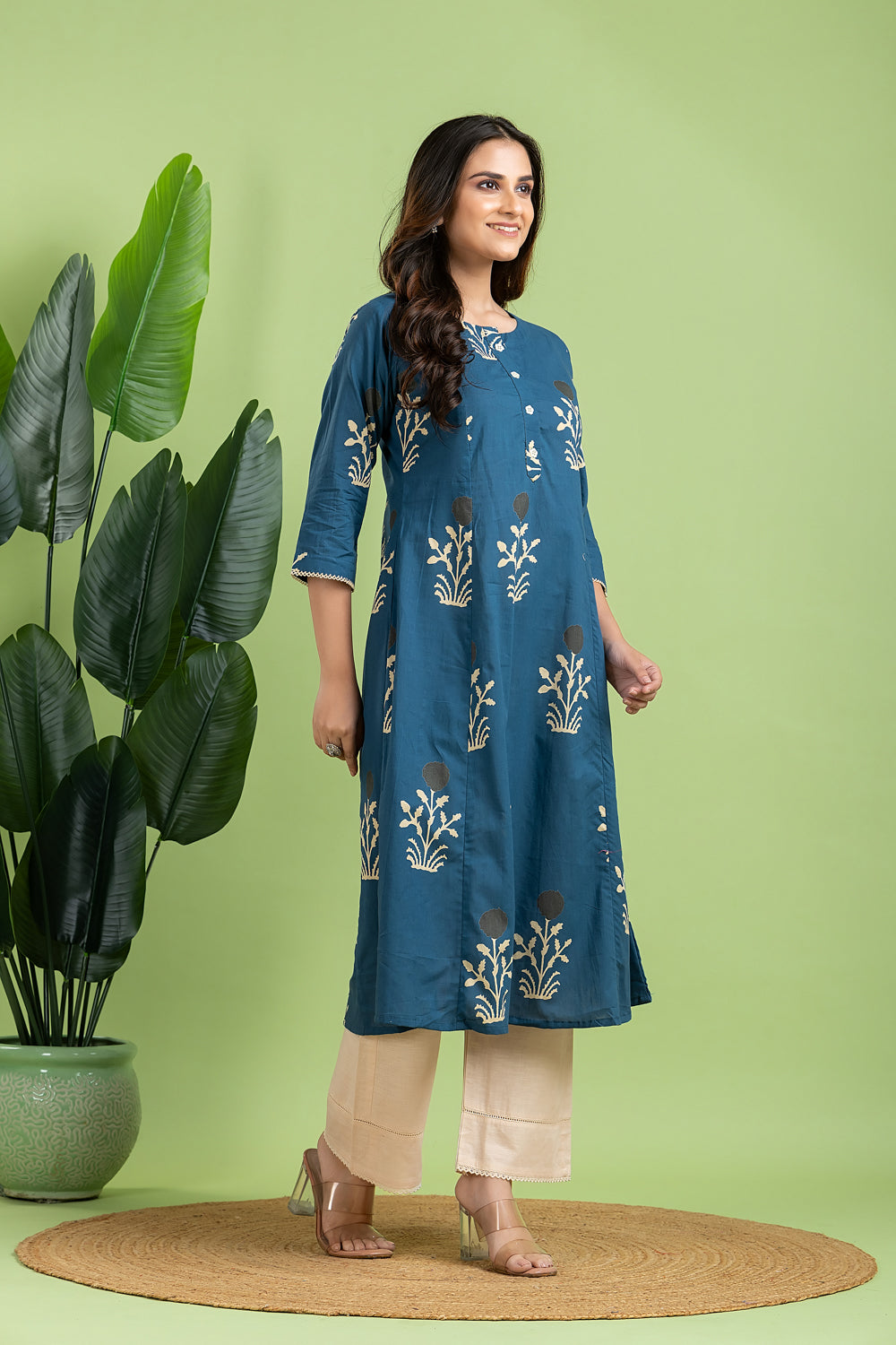 Teal Blue Floral Print A-Line Kurta