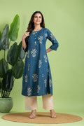 Teal Blue Floral Print A-Line Kurta