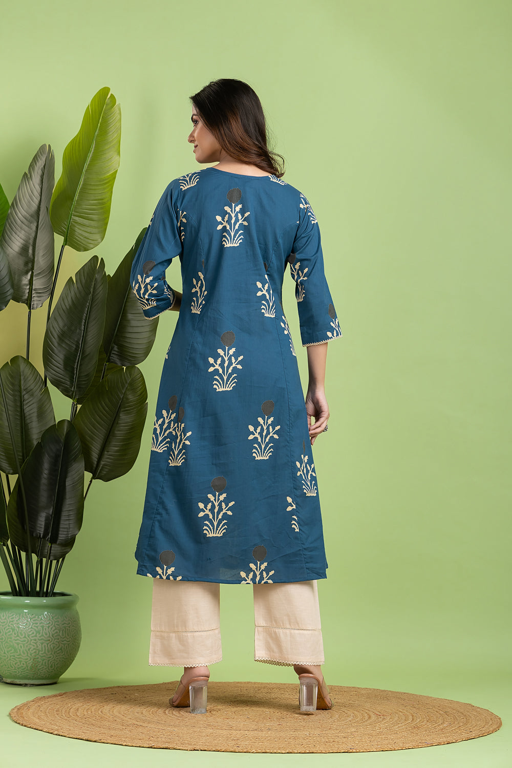 Teal Blue Floral Print A-Line Kurta