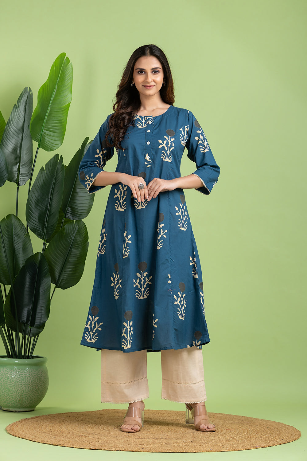 Teal Blue Floral Print A-Line Kurta