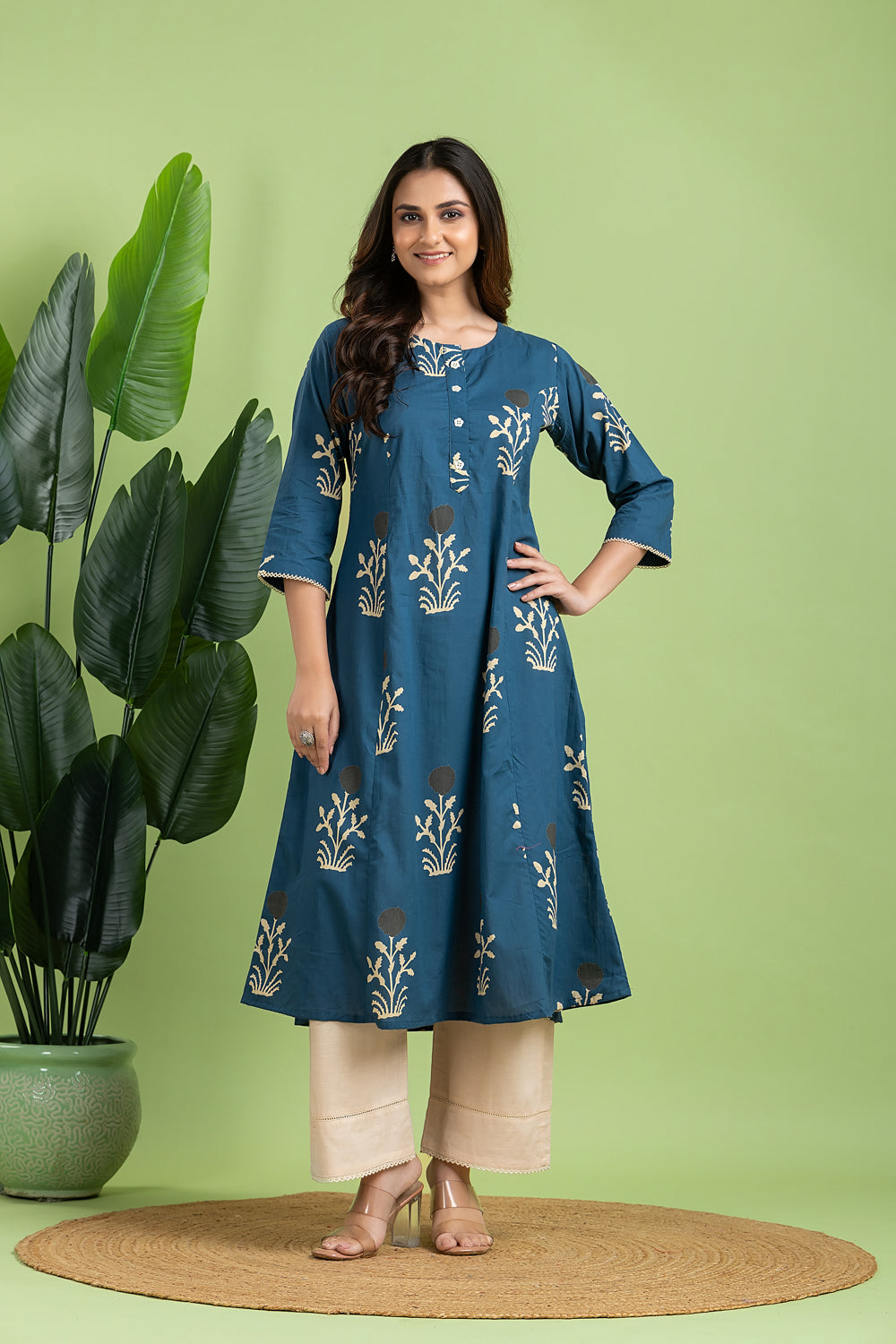 Teal Blue Floral Print A-Line Kurta
