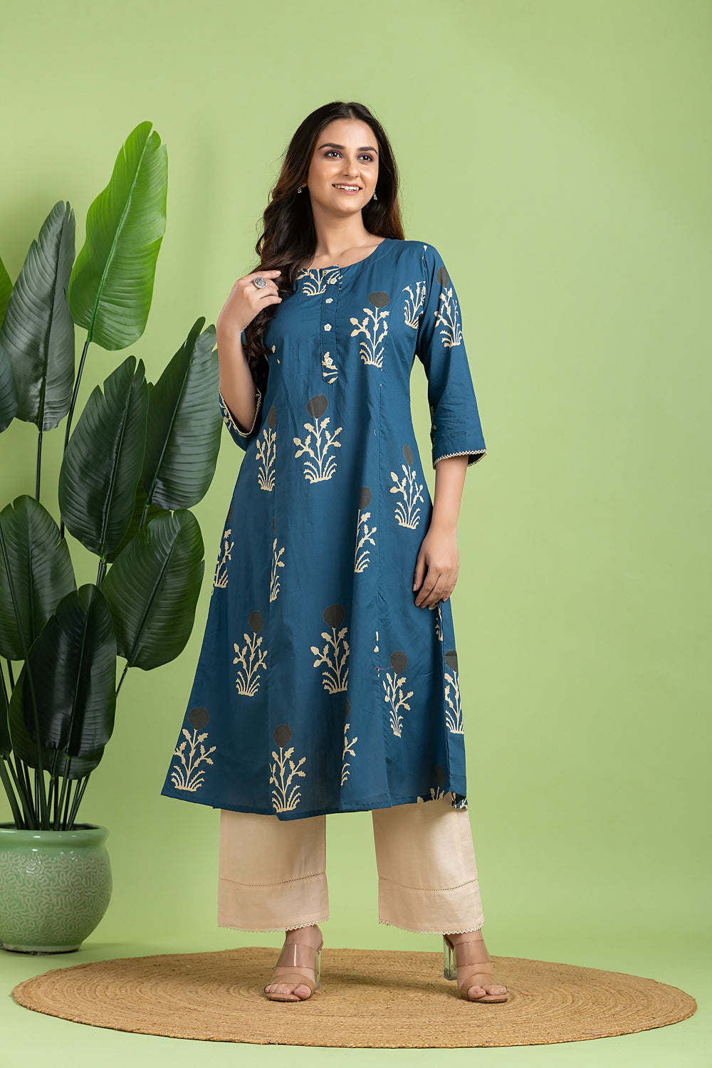Teal Blue Floral Print A-Line Kurta