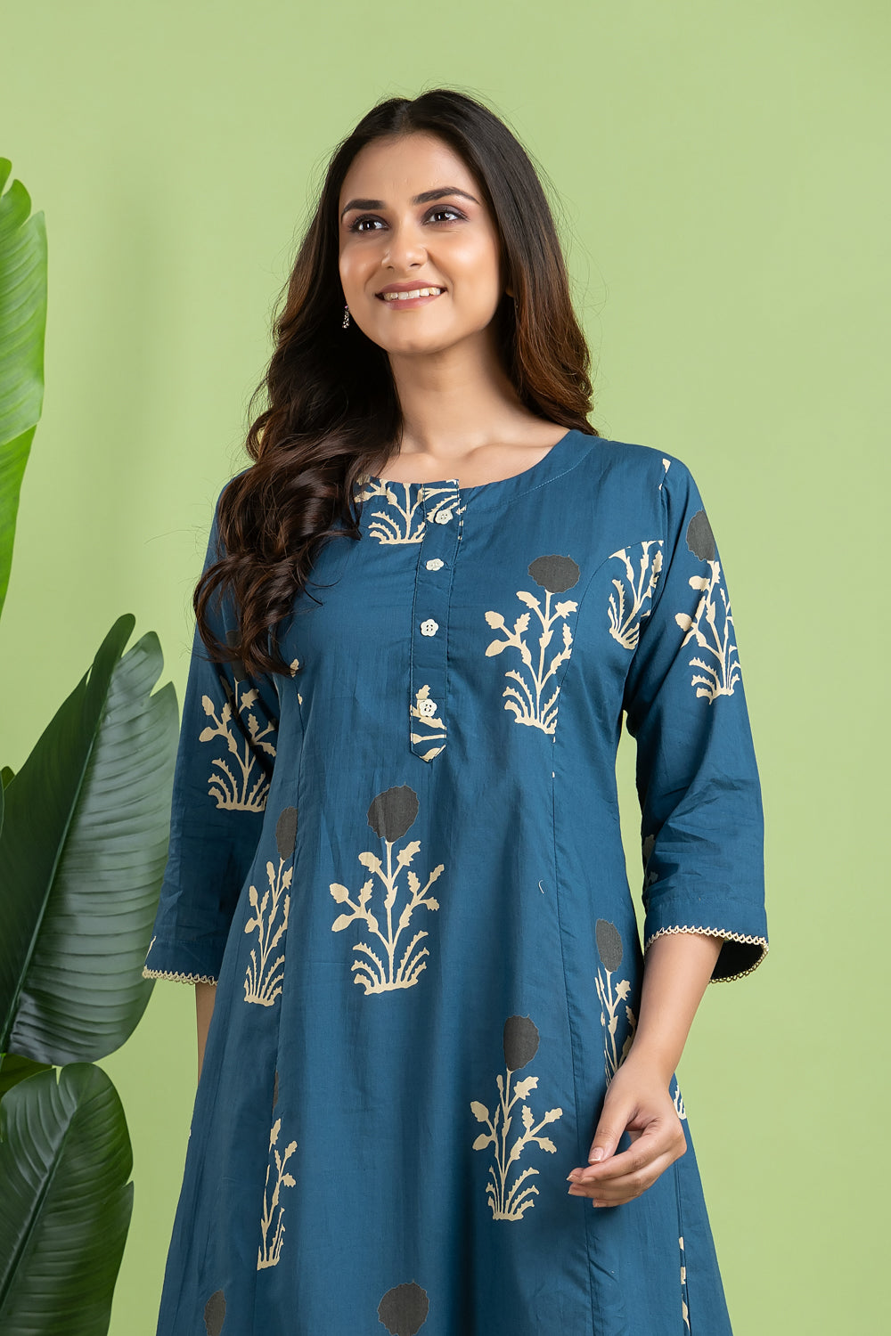 Teal Blue Floral Print A-Line Kurta
