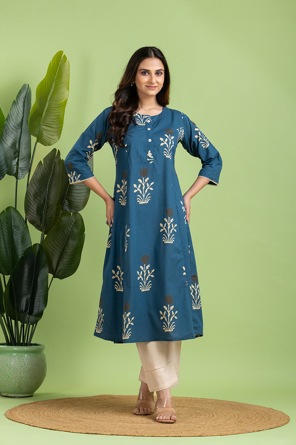 Teal Blue Floral Print A-Line Kurta