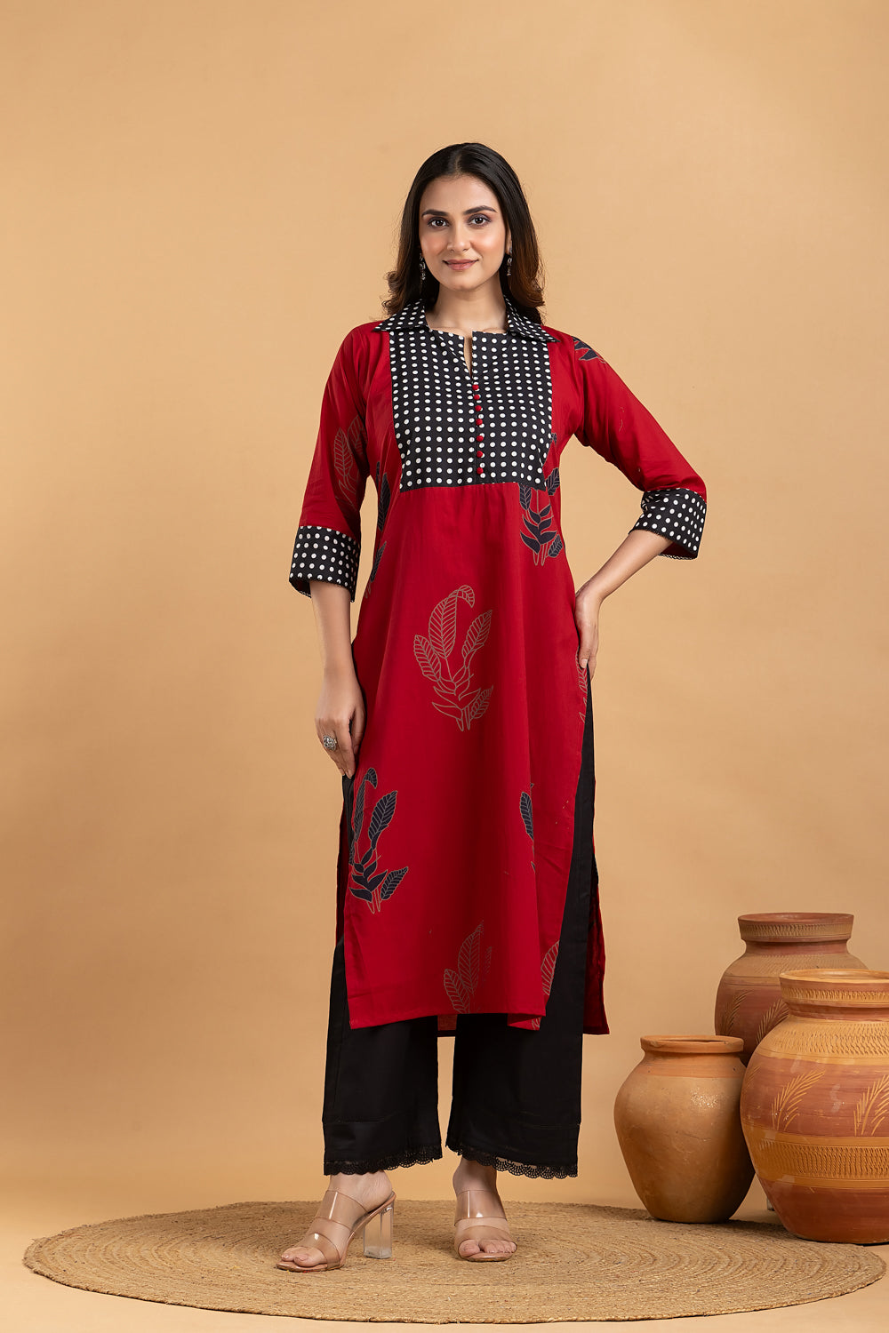 Maroon & Black Floral Print Kurta
