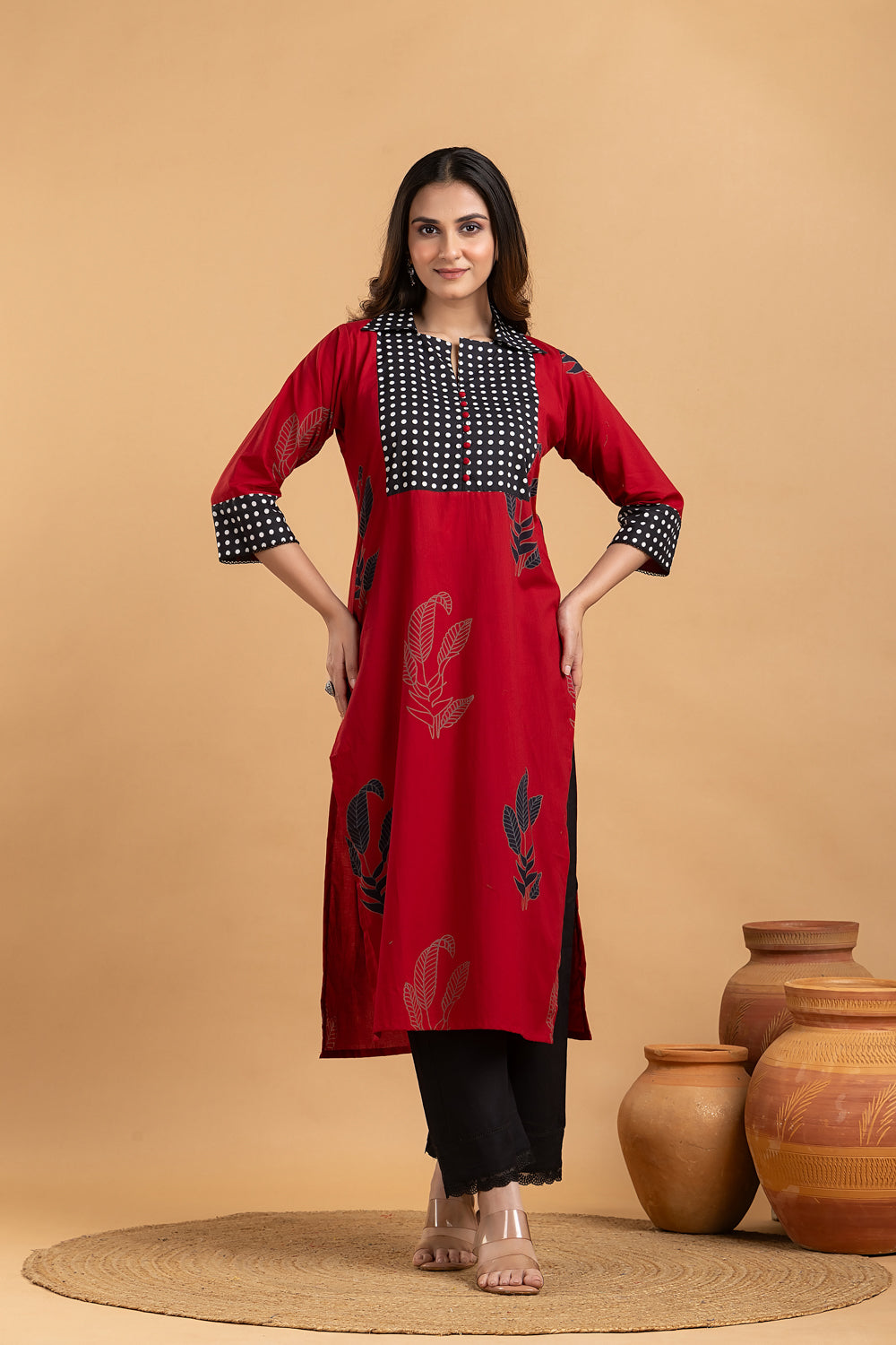 Maroon & Black Floral Print Kurta