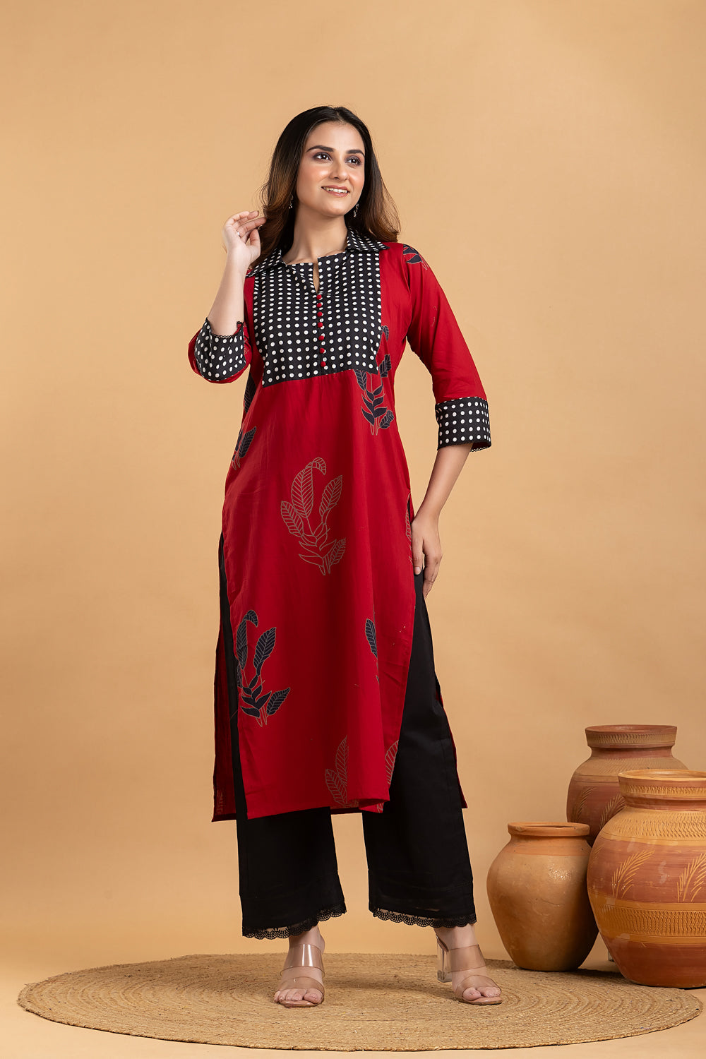 Maroon & Black Floral Print Kurta