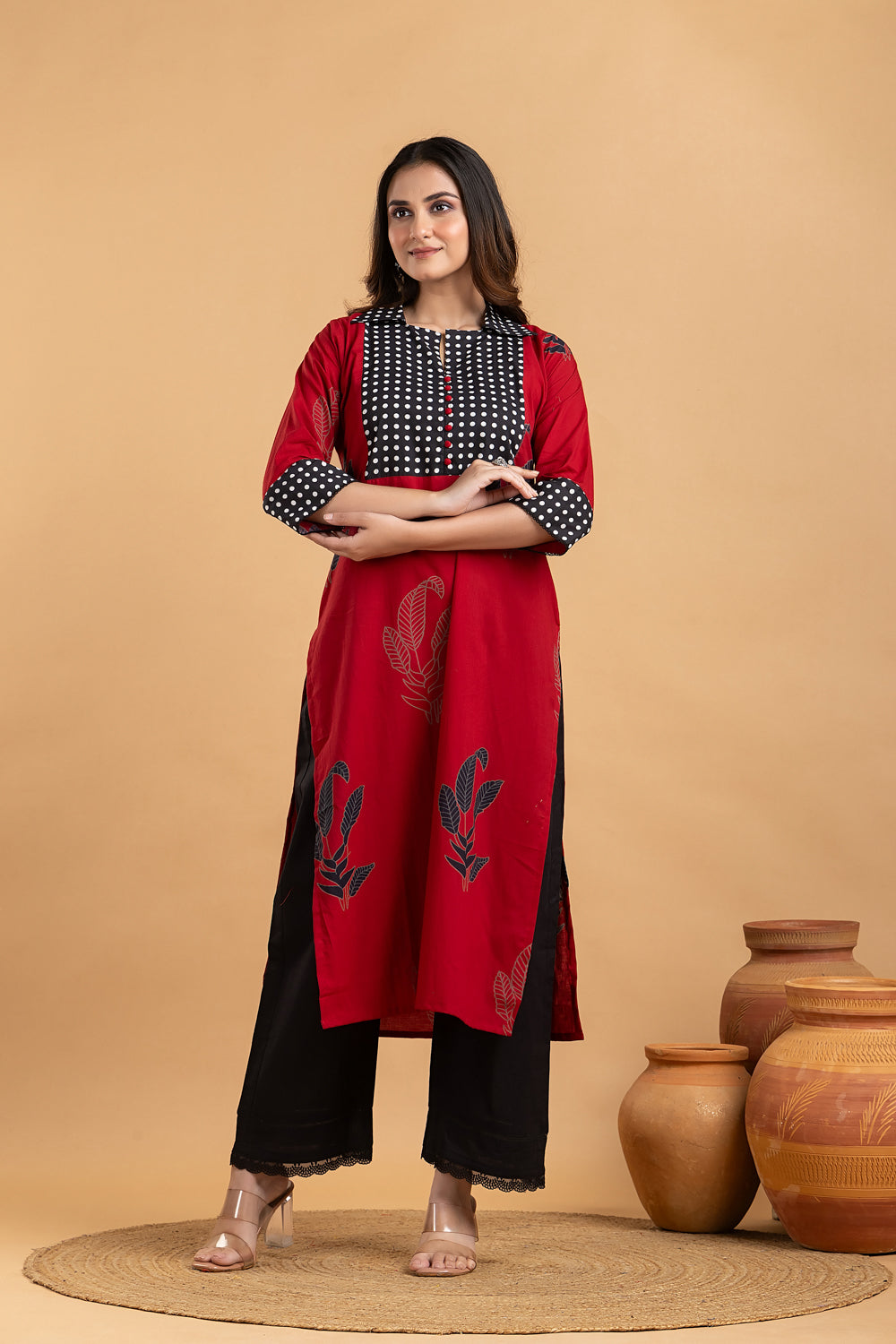 Maroon & Black Floral Print Kurta