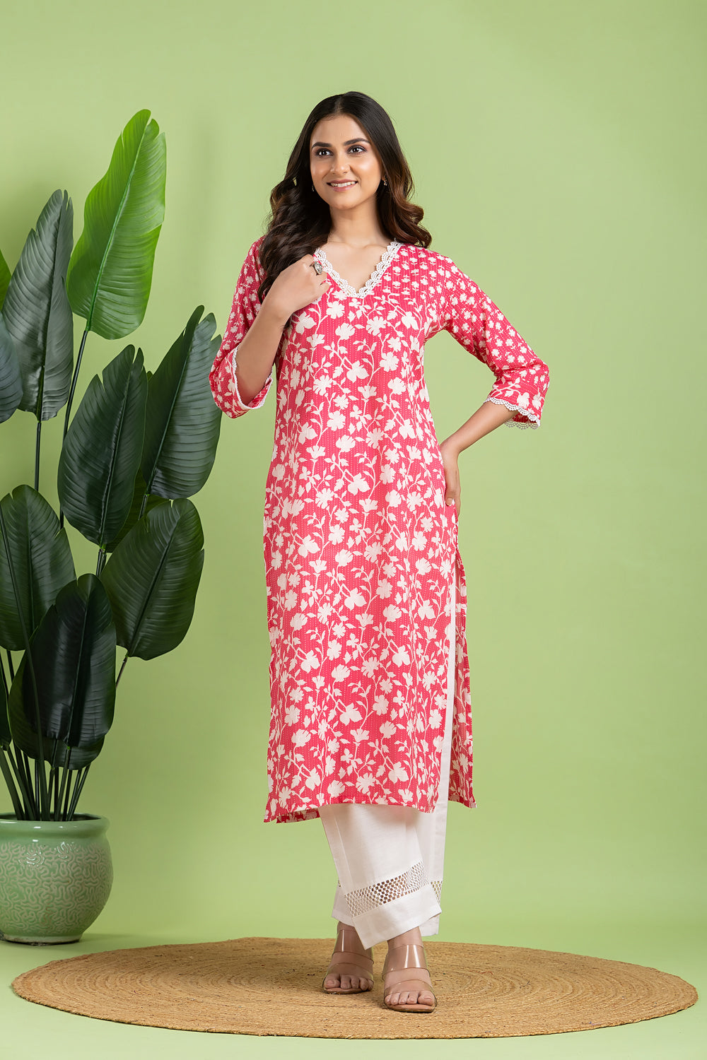 Magenta Pink Floral Print Mix Match Kurta