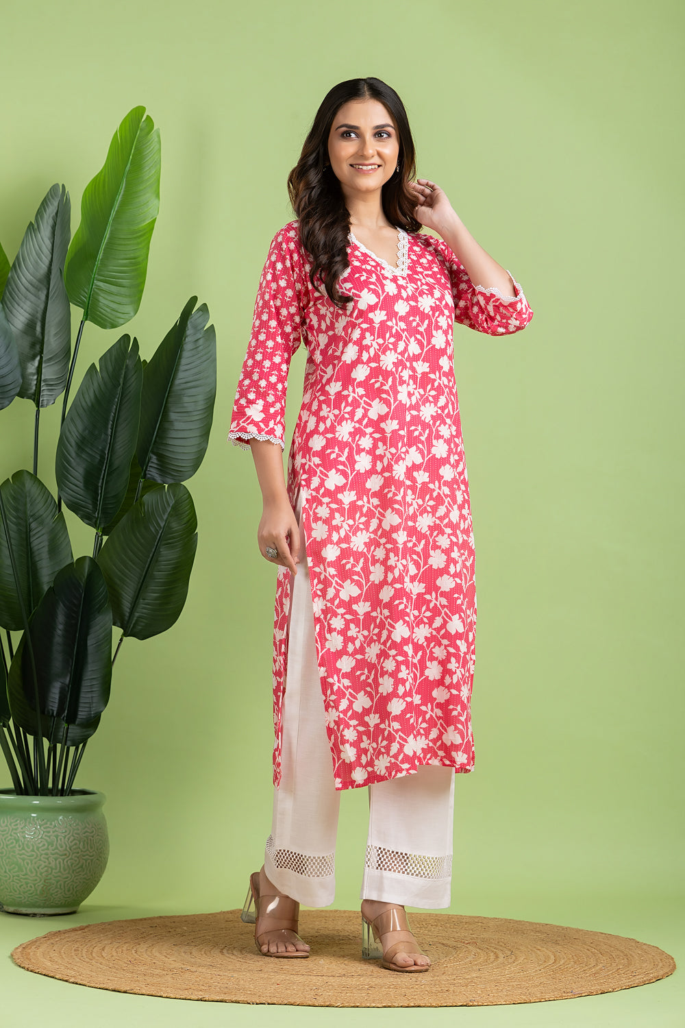 Magenta Pink Floral Print Mix Match Kurta