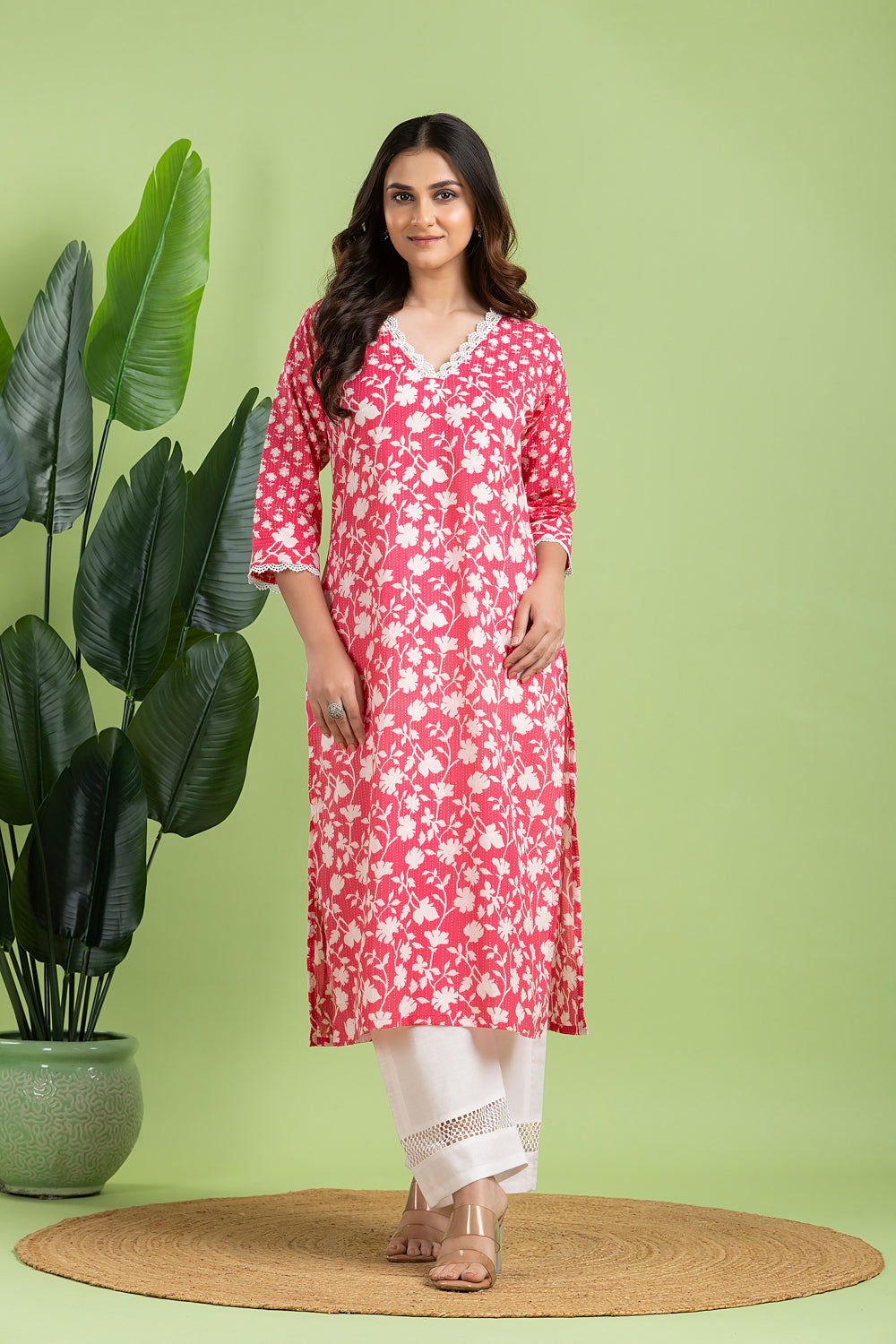 Magenta Pink Floral Print Mix Match Kurta