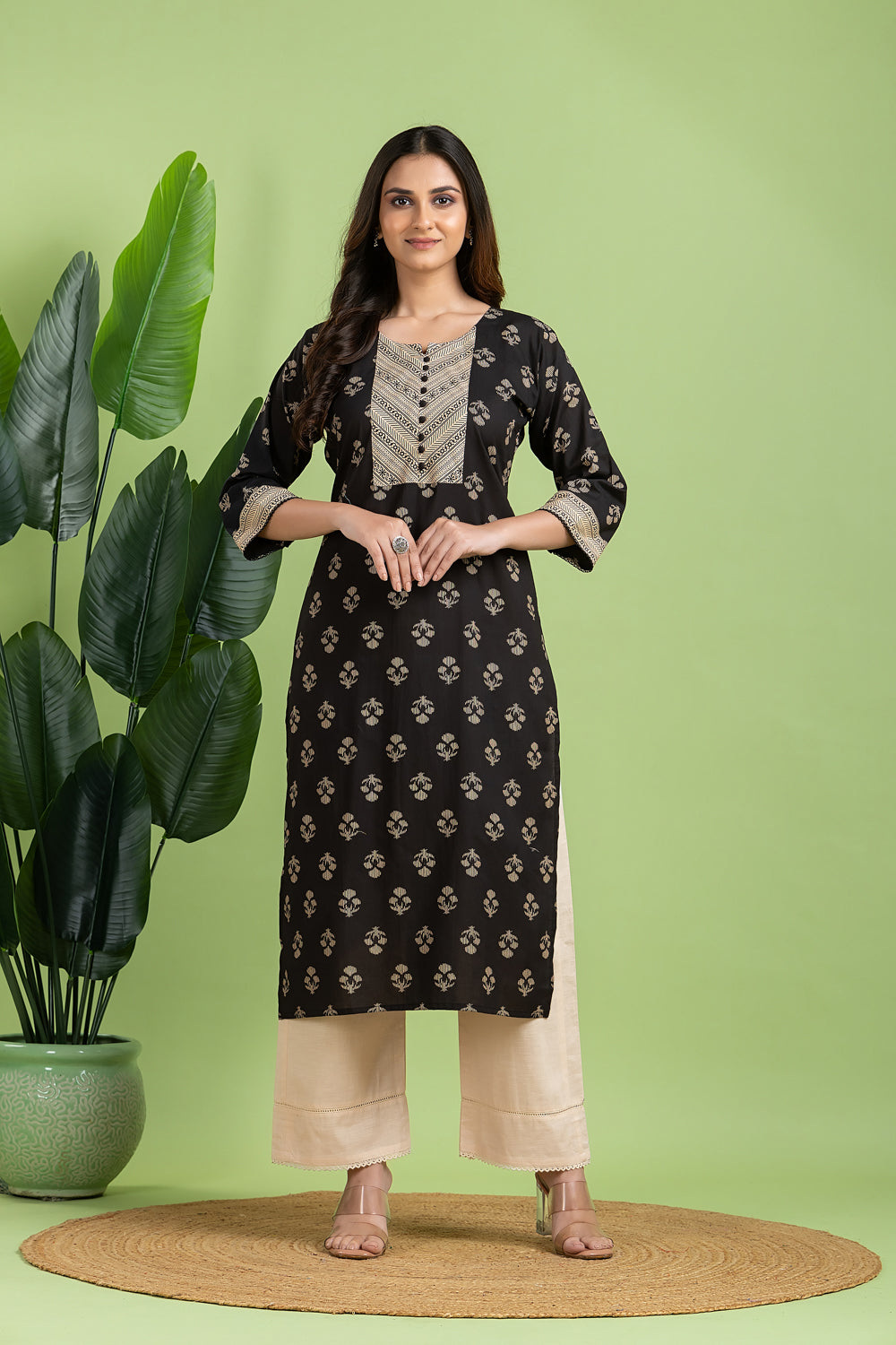 Black & Beige Floral Print Kurta