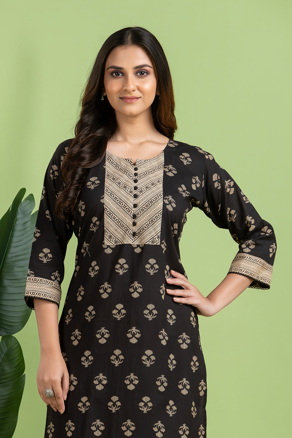 Black & Beige Floral Print Kurta