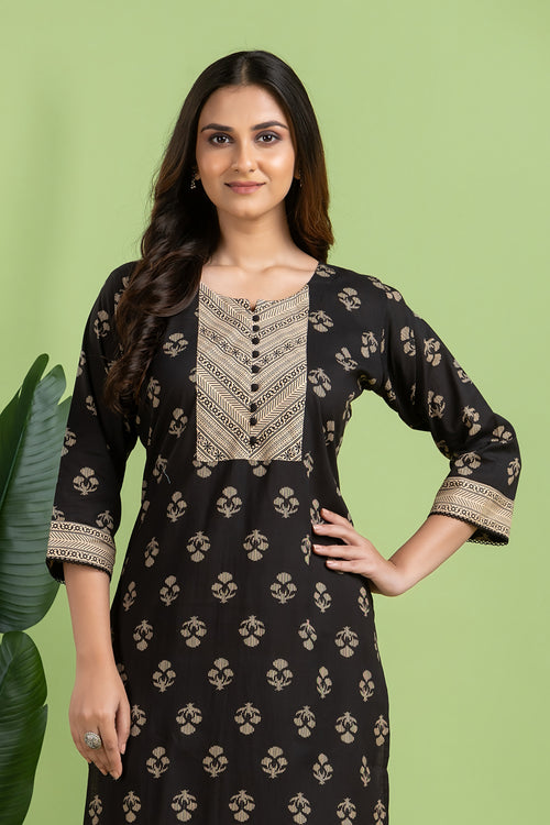 Black & Beige Floral Print Kurta