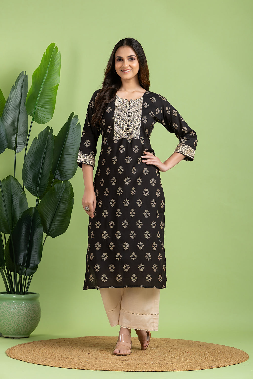 Black & Beige Floral Print Kurta