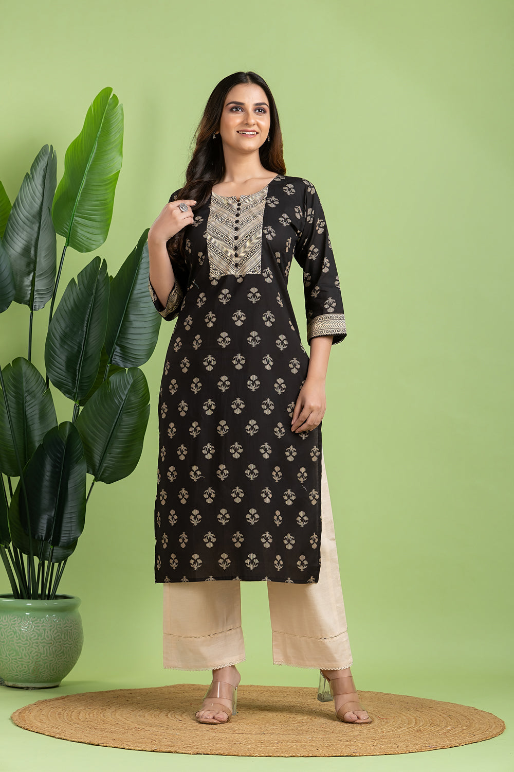 Black & Beige Floral Print Kurta