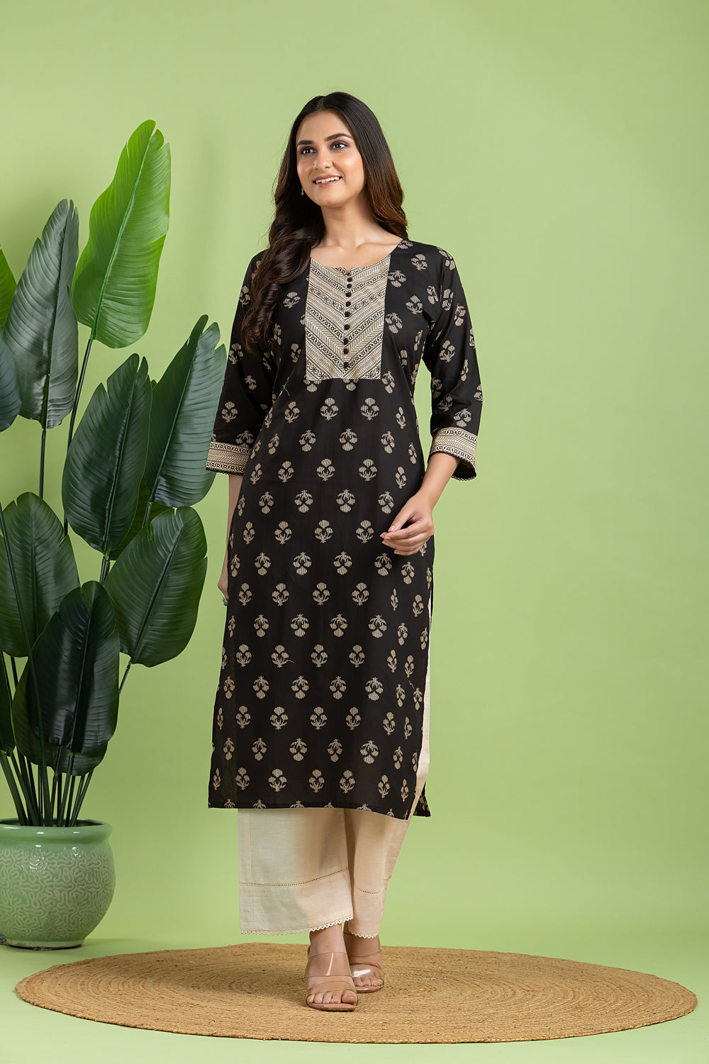 Black & Beige Floral Print Kurta