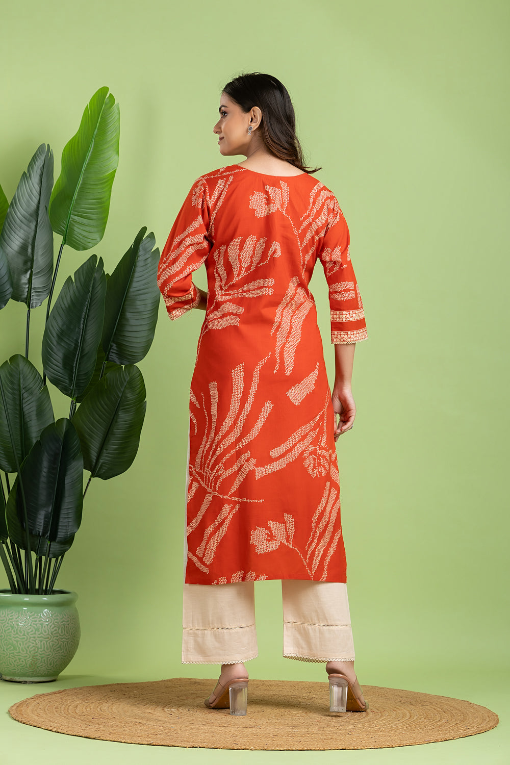 Rust Orange Floral Print Kurta
