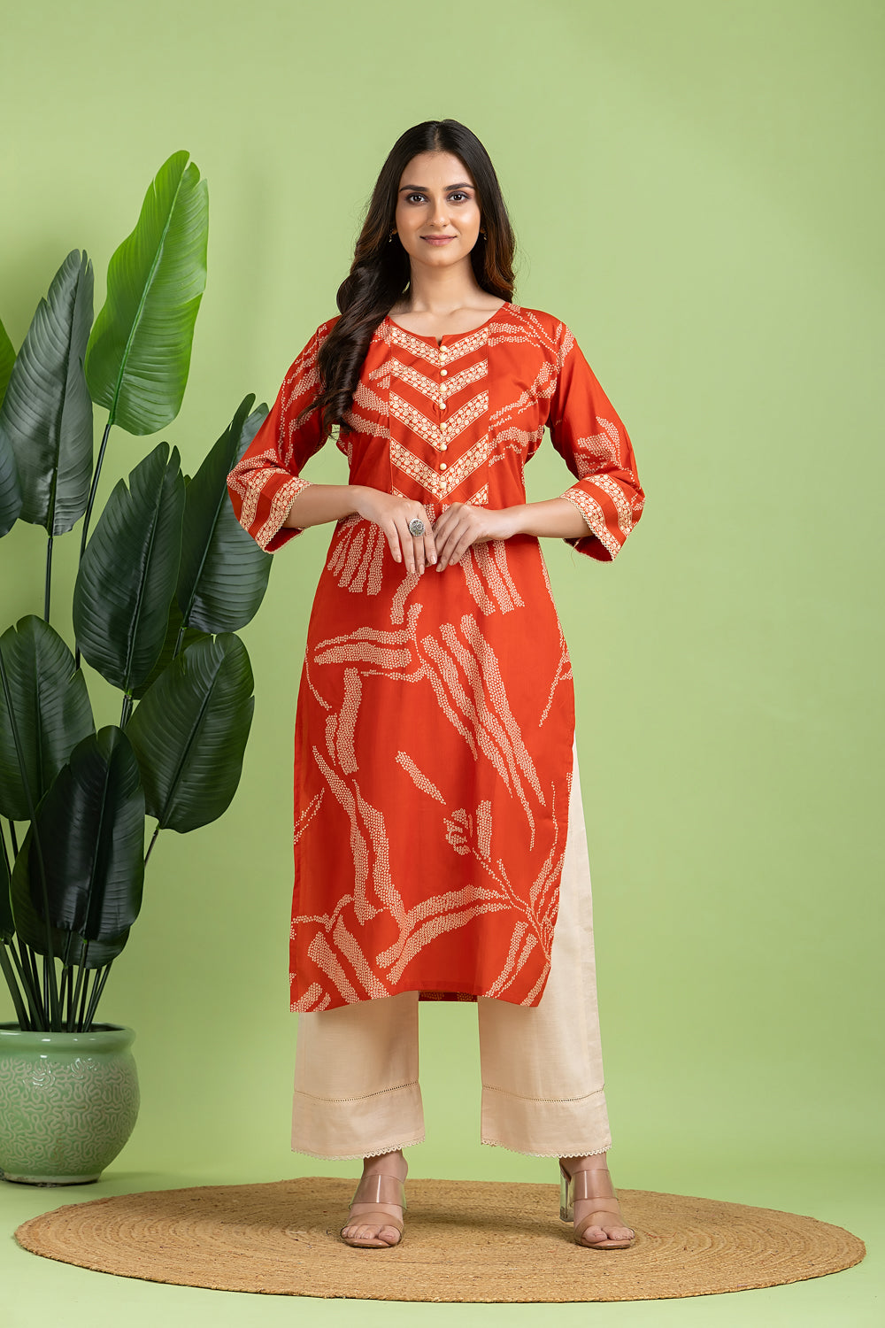 Rust Orange Floral Print Kurta