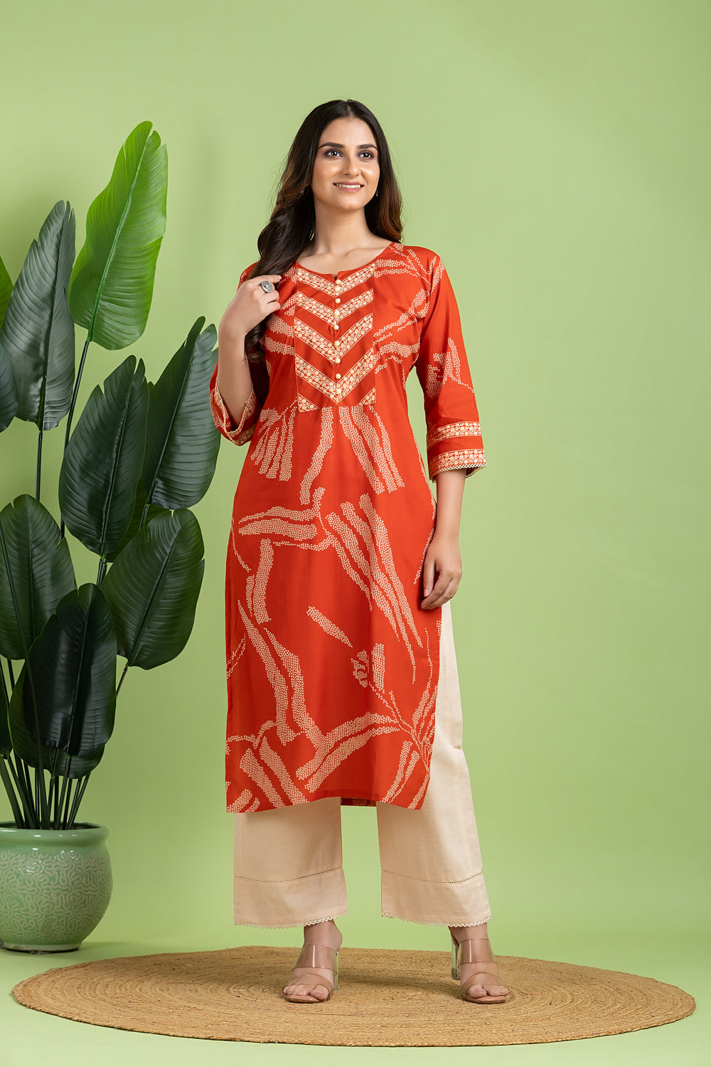 Rust Orange Floral Print Kurta