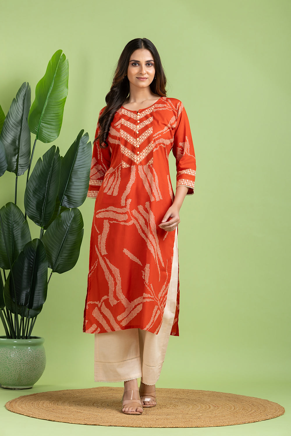 Rust Orange Floral Print Kurta