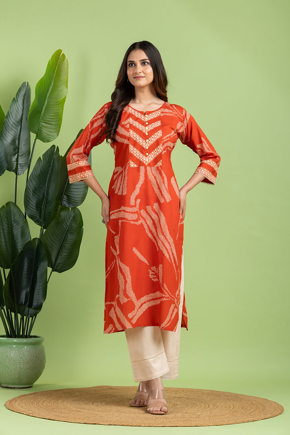 Rust Orange Floral Print Kurta