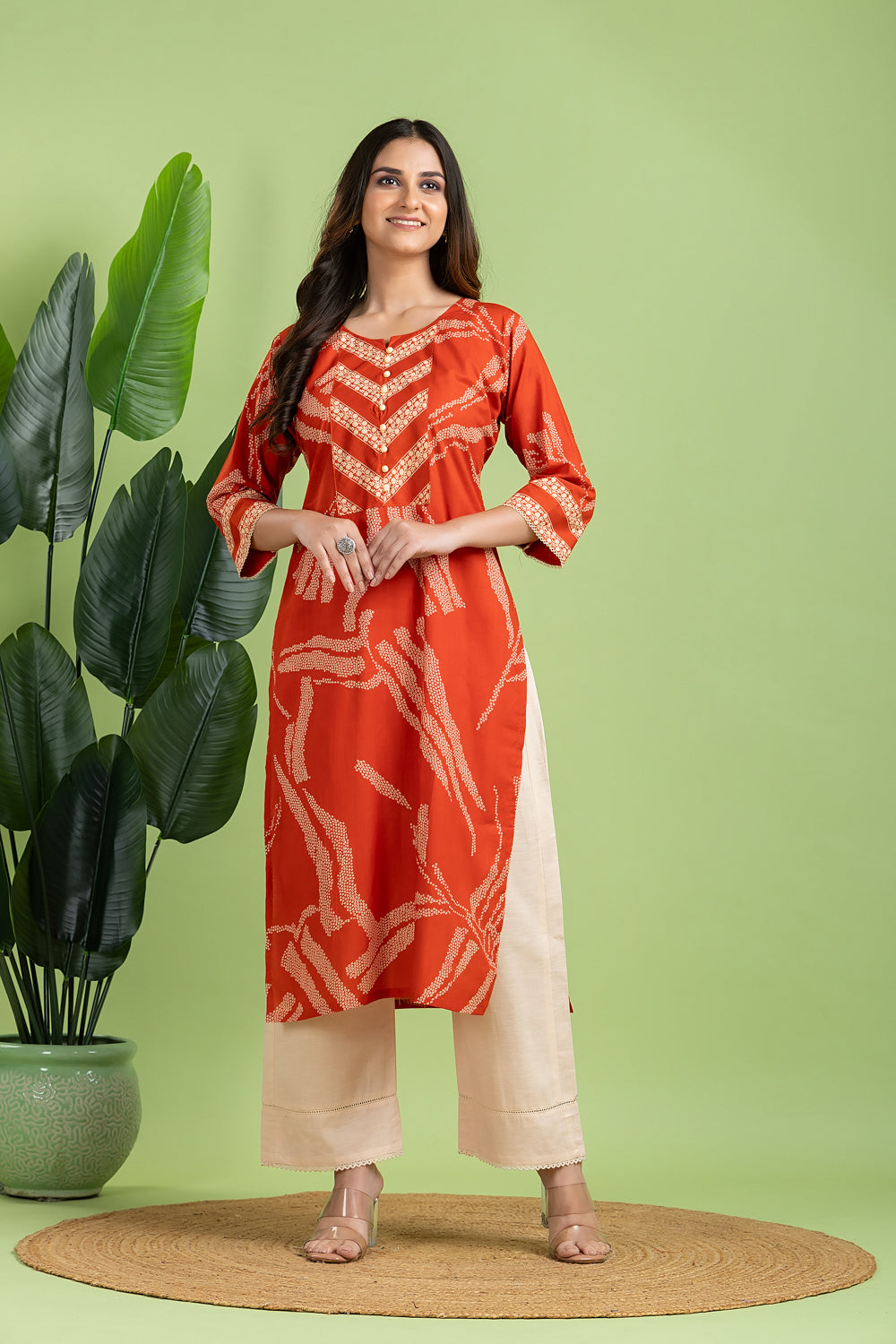Rust Orange Floral Print Kurta