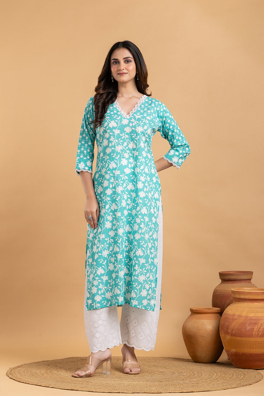 Light Sea Green Floral Print Mix Match Kurta