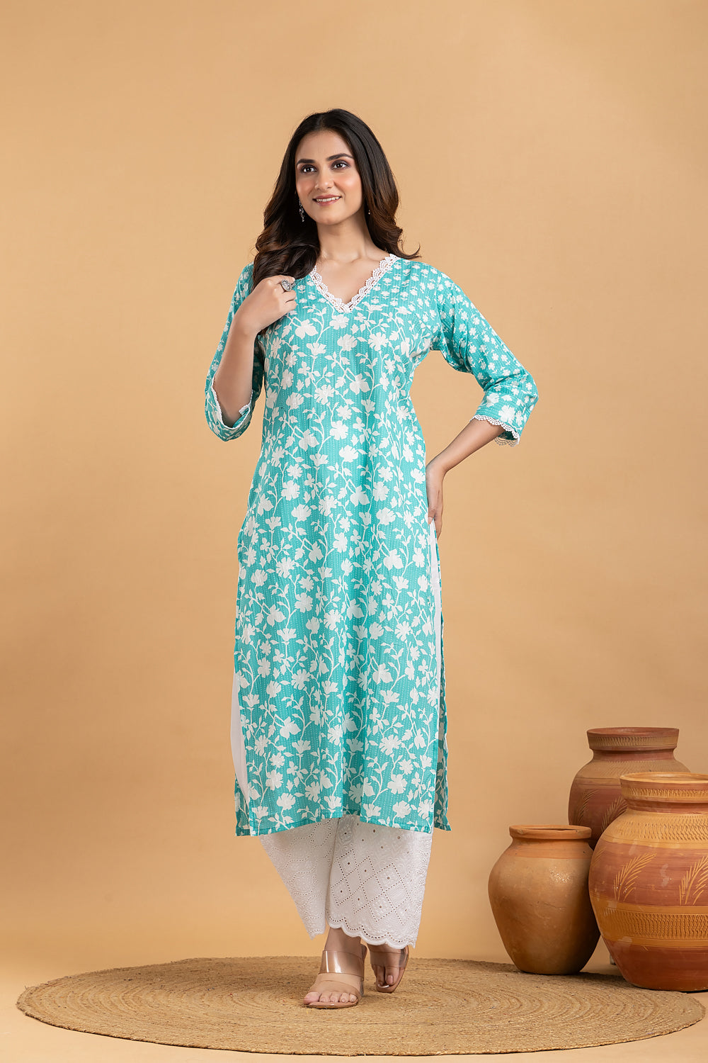 Light Sea Green Floral Print Mix Match Kurta
