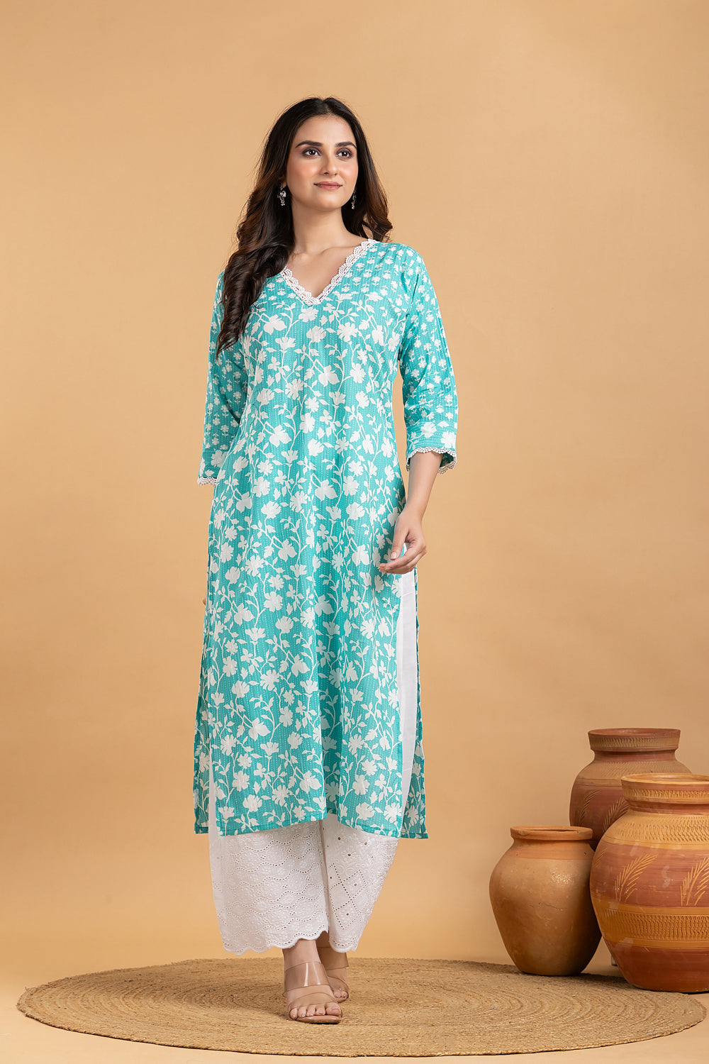 Light Sea Green Floral Print Mix Match Kurta