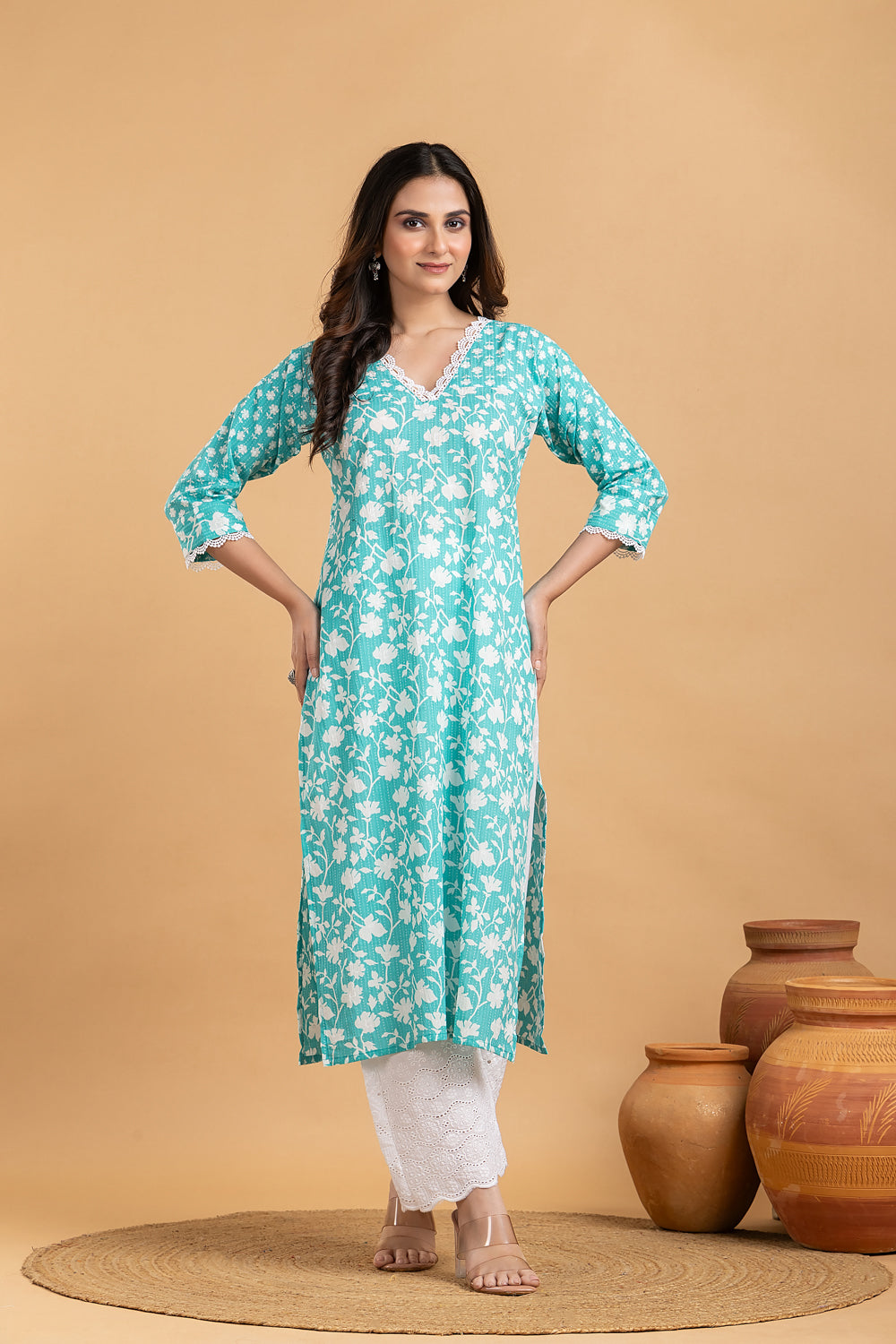 Light Sea Green Floral Print Mix Match Kurta