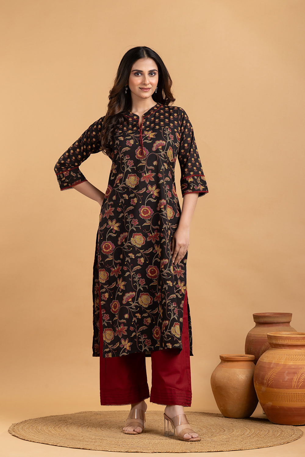 Black & Yellow Mix Match Floral Print Kurta