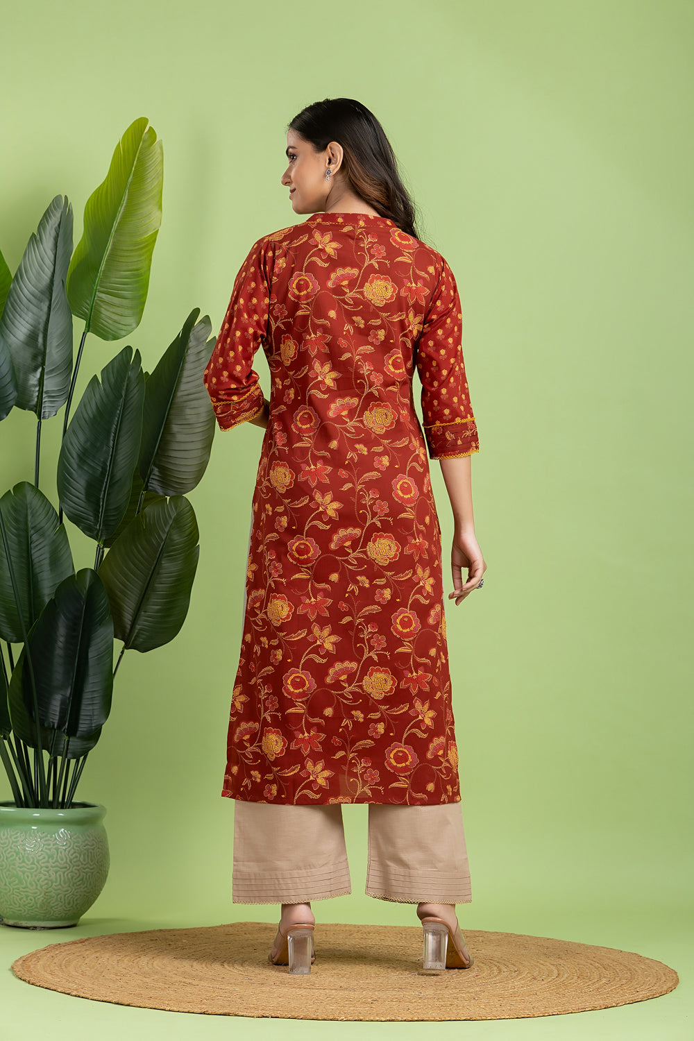 Brick Red & Yellow Mix Match Floral Print Kurta