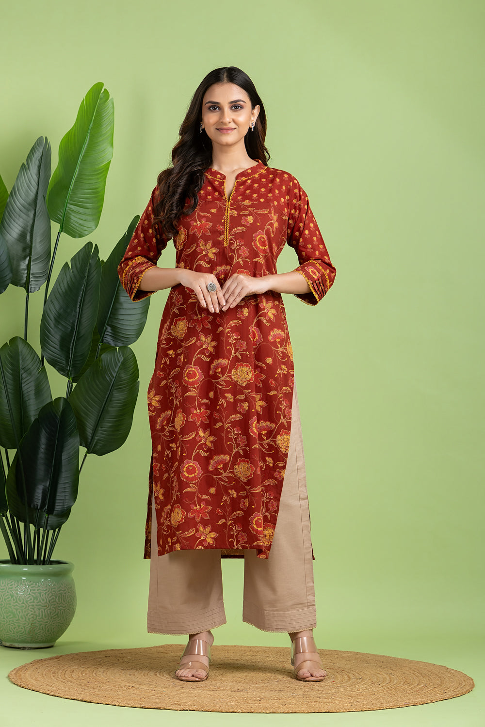 Brick Red & Yellow Mix Match Floral Print Kurta