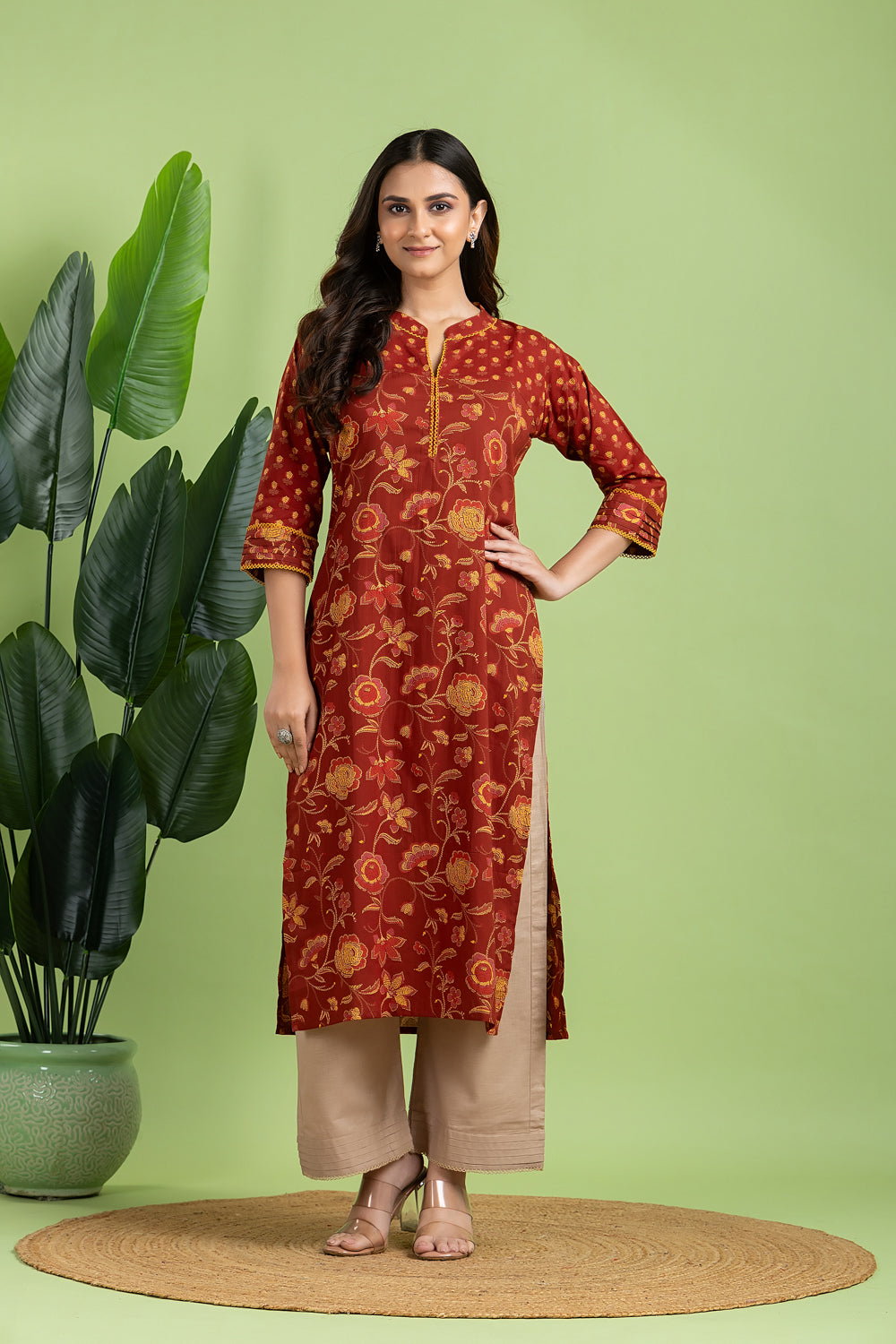 Brick Red & Yellow Mix Match Floral Print Kurta