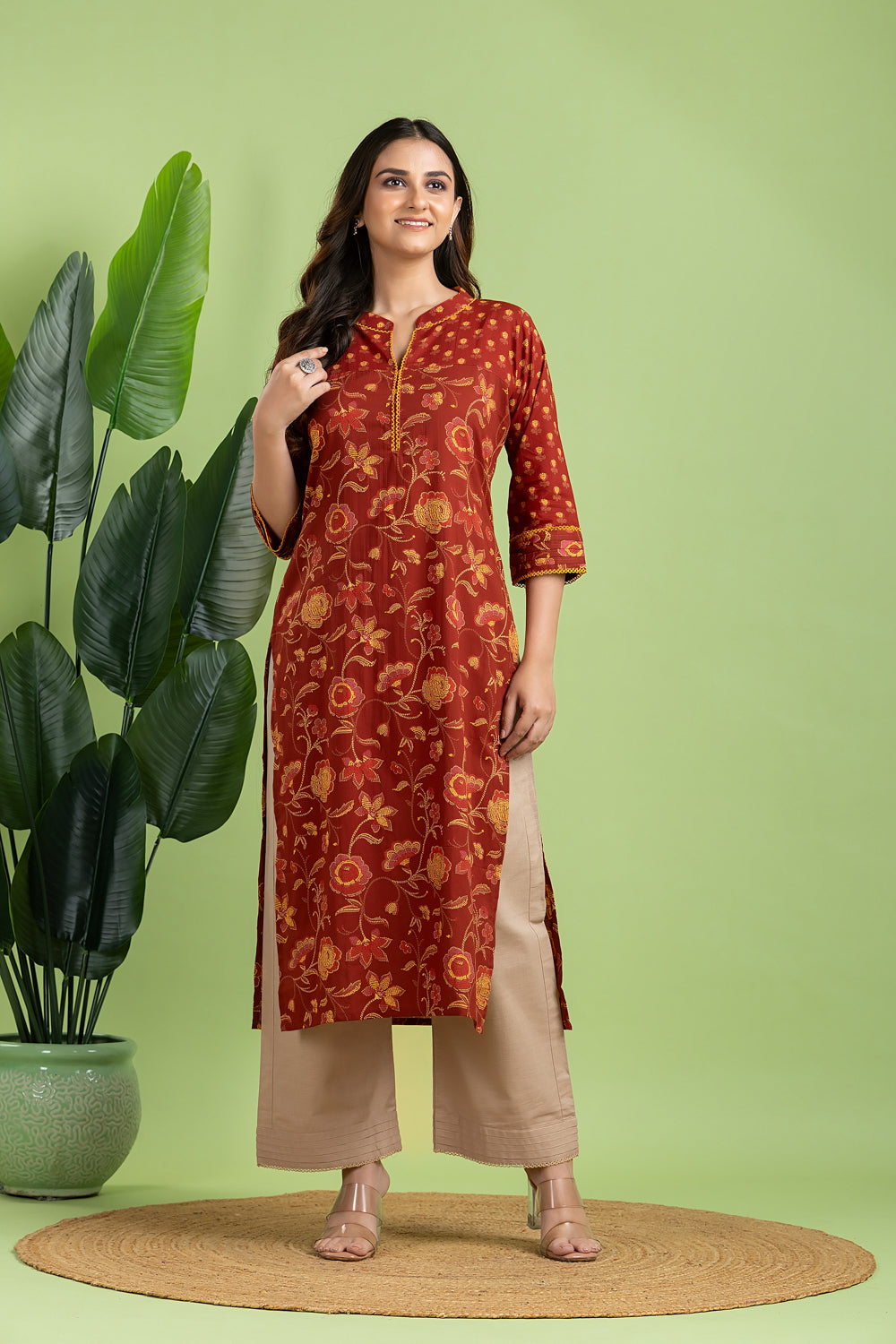 Brick Red & Yellow Mix Match Floral Print Kurta